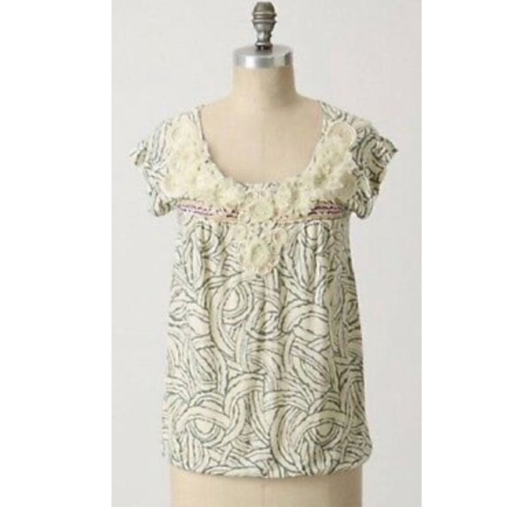 Anthro Deletta Floral Rose Appliqué Cream Top